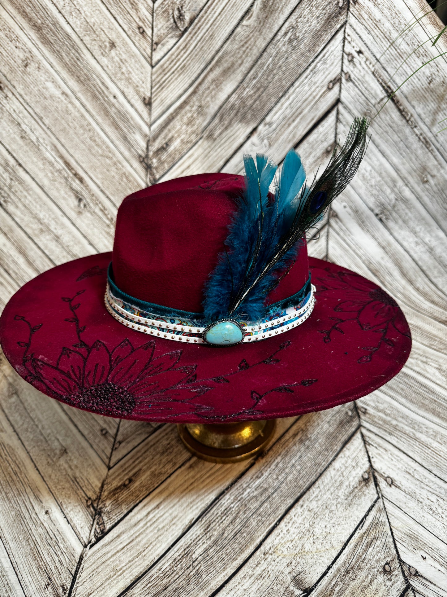 Turquoise Peacock & Boho Custom Felt Hat