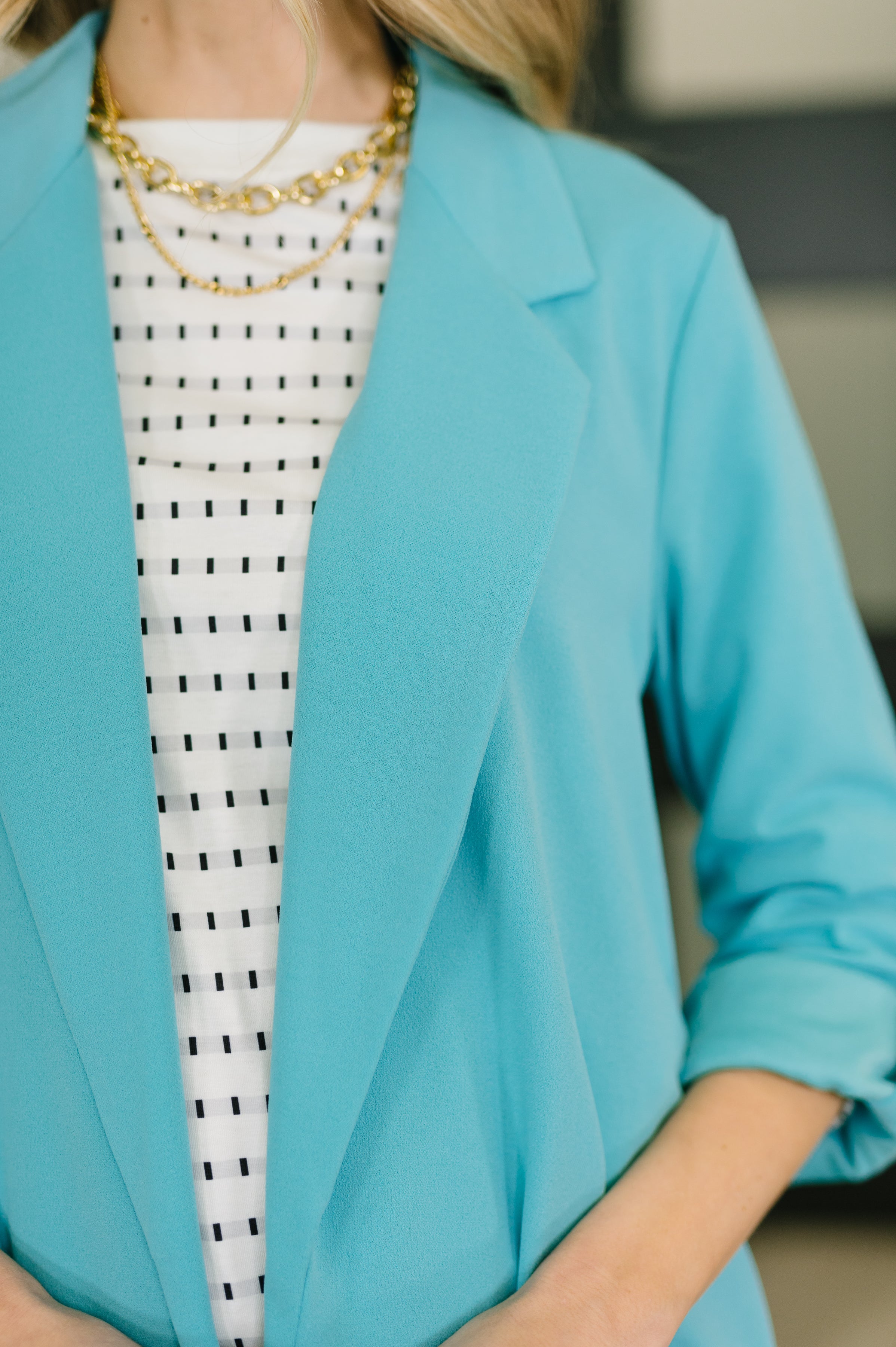 I'm Really That Gal Open Front Blazer in Aqua