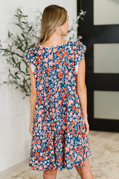 Petal to the Metal Flutter Sleeve Dress in Navy/Coral